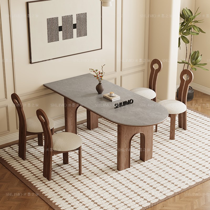 德利丰岩板洞石法式餐桌家用小户型轻G奢奶油椭圆长方形餐桌子客