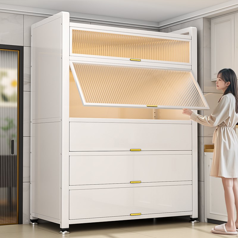 厨房置物架多功能收纳柜子落地多层家用微波炉锅T具带门橱柜储物