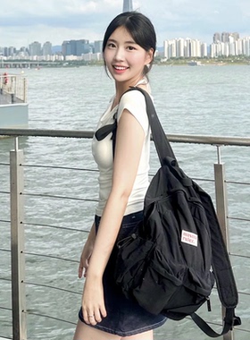 masmarulez正品迷你双肩包百搭防水尼龙书包双口袋大容量背包黑色