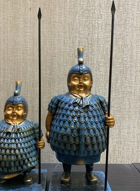 中式西安兵马俑q版胖将军摆件办公室桌面汽车摆件树脂铜泊工艺品