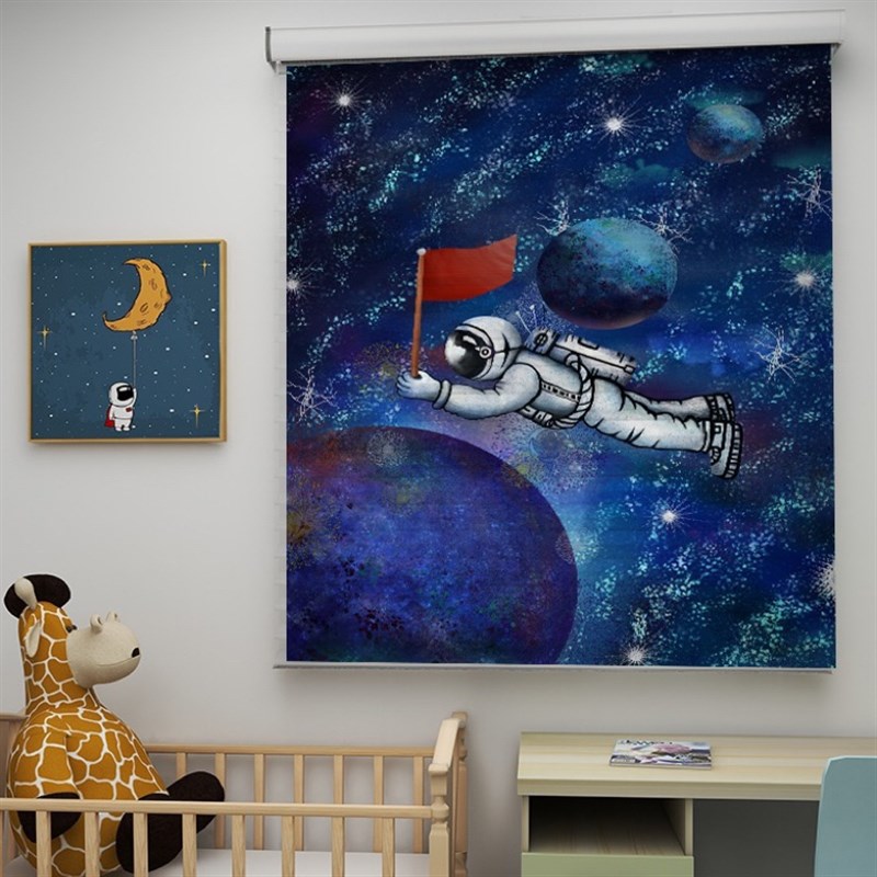 卡通儿童房柔纱帘卷帘宇航员香格里拉帘遮光升降免打孔百叶窗帘