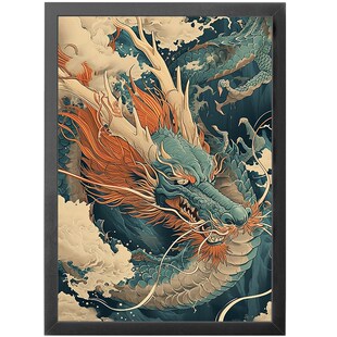 传统海浪云中神龙刺青海报框画纹身店客厅背景墙壁装饰挂画定制