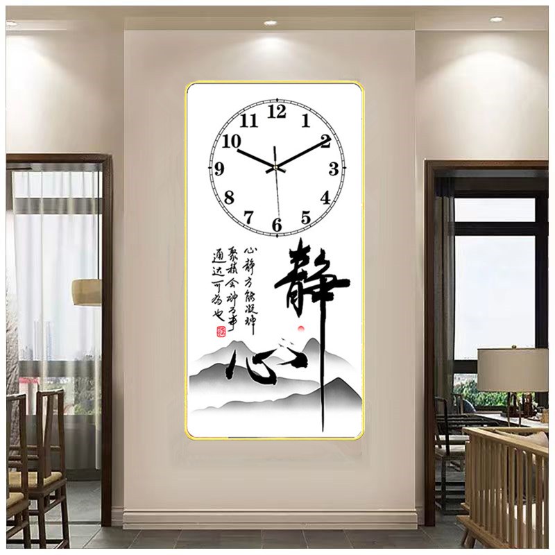 励志书法现代简约餐厅装饰画无框画钟表静音艺术挂画晶瓷壁画挂钟图片