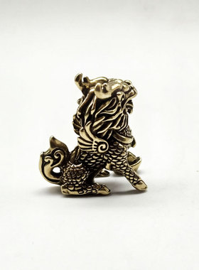 实心黄铜麒麟摆件纯铜仿古招财纳福元宝茶宠办公桌面迷你铜手把件