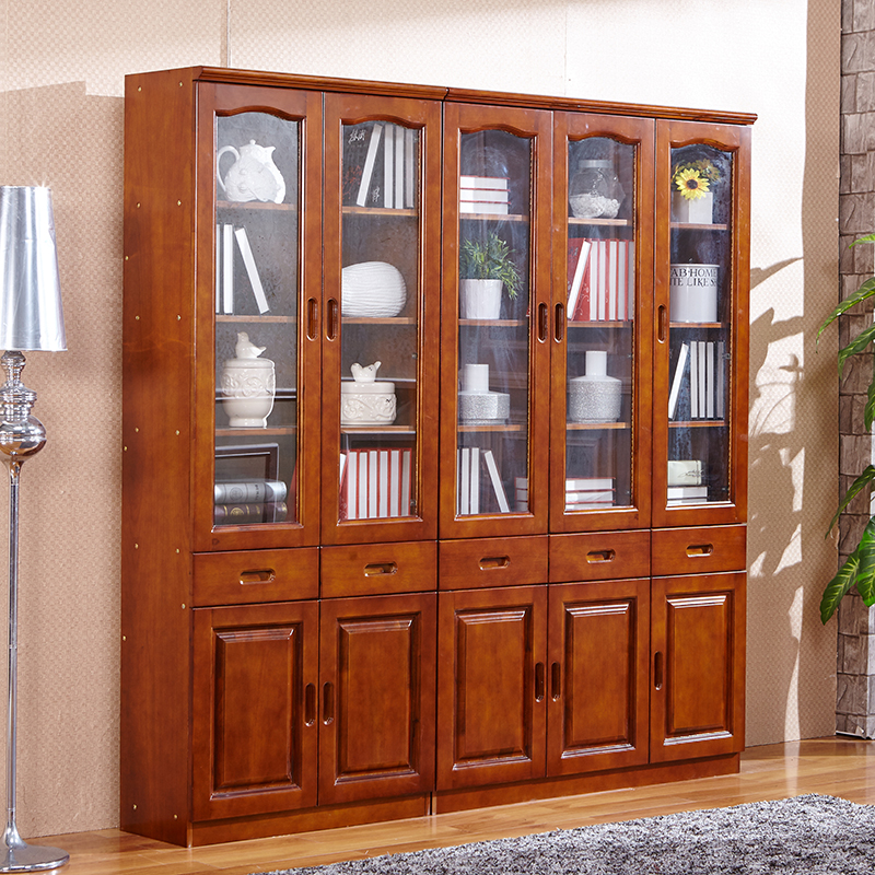 实木转角书柜书房家具两三门自由组合香樟木带玻璃门储物