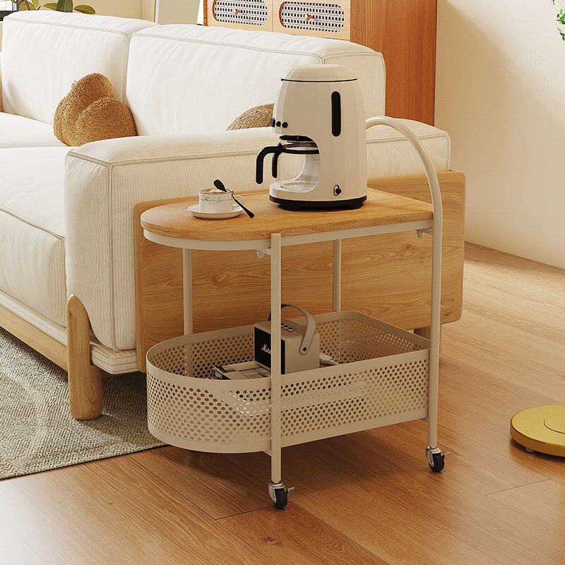 带轮可移动沙发边几客厅小茶几卧室奶油原木风床头铁艺简易小推车