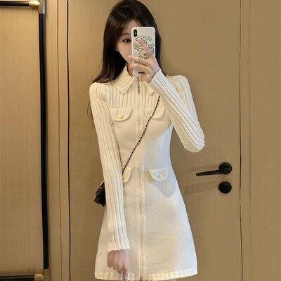 白色针织连衣裙2024新款女秋冬高级气质设计感修身显瘦内搭打底裙