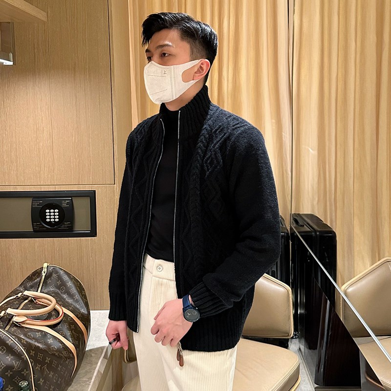 冬装加厚棒针麻花羊毛衫男款保暖外套轻熟休闲拉链开衫高领毛衣男
