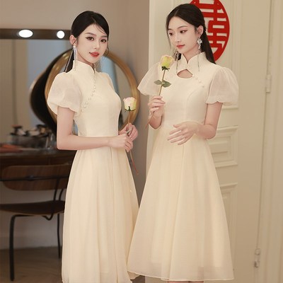 香槟色中式伴娘服2024新款夏季高级感小个子姐妹团礼服裙平时可穿
