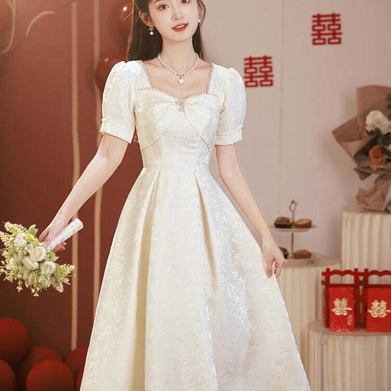 白色礼服裙女订婚连衣裙日常可穿领证登记小白裙法式裙子小个子夏