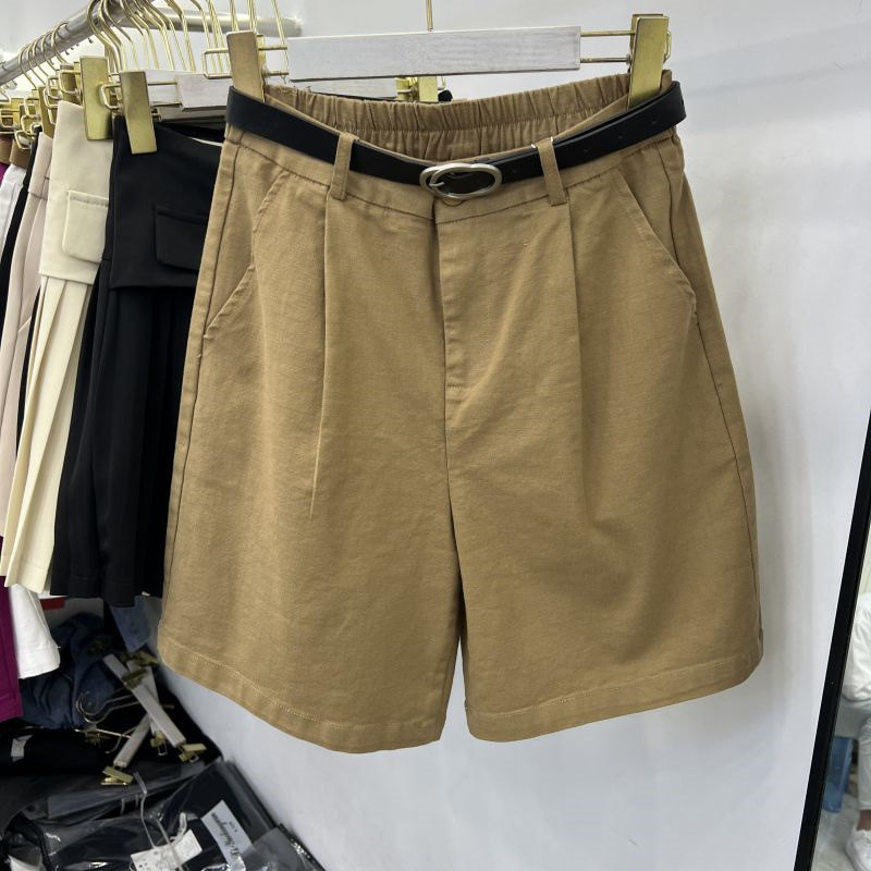 纯棉松紧高腰短裤女夏薄款宽松a字阔腿裤卡其色五分裤休闲中裤子