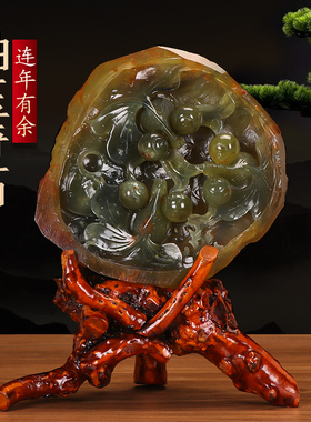 天然岫玉原石雕刻金玉满堂金鱼聚宝盆摆件工艺品客厅办公室装饰品