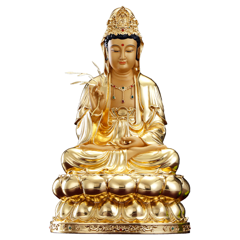 纯铜贴金观音菩萨家用供奉观音佛像南海坐莲观音铜像娑婆三圣摆件