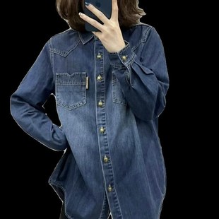 加绒加厚打底牛仔衬衫女秋冬新款设计感休闲复古长袖叠穿内搭上衣