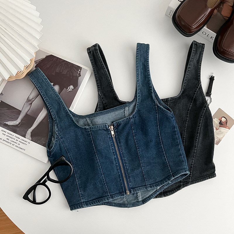 复古时尚百搭方领修身显瘦牛仔吊带背心内搭打底衫上衣女夏季新款