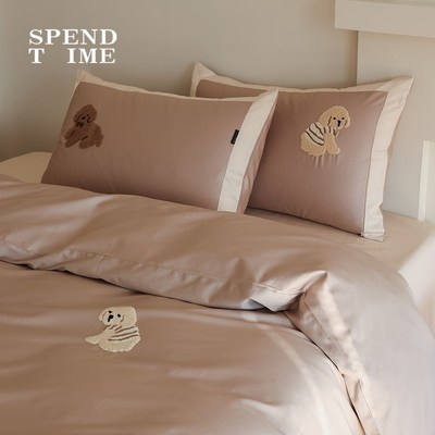 花时间生活卡通小狗毛巾绣床品柔软全棉长绒棉贡缎床单被套四件套