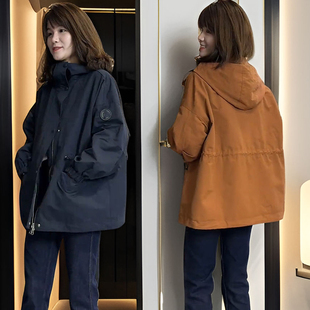 宽松休闲设计感工装 新款 连帽外套棉衣 2024秋冬季 加棉风衣女中长款