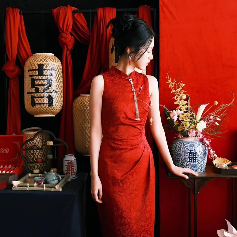 新中式复古暗纹提花显瘦旗袍新娘敬酒服夏季回门便装订婚礼服套装