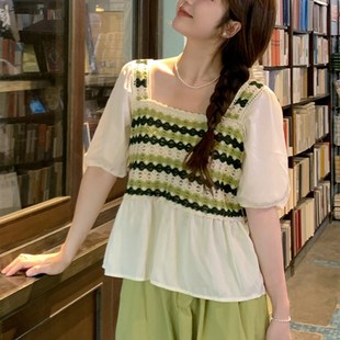 大码女装2023夏胖mm显瘦遮肚套装复古镂空方领露锁骨上衣+半身裙