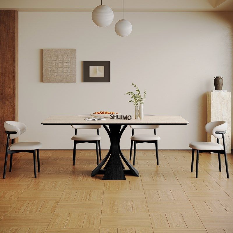 法式奶油复古风实木德利丰岩板家用黑色圆形饭桌胡桃色窈窕桌椅子