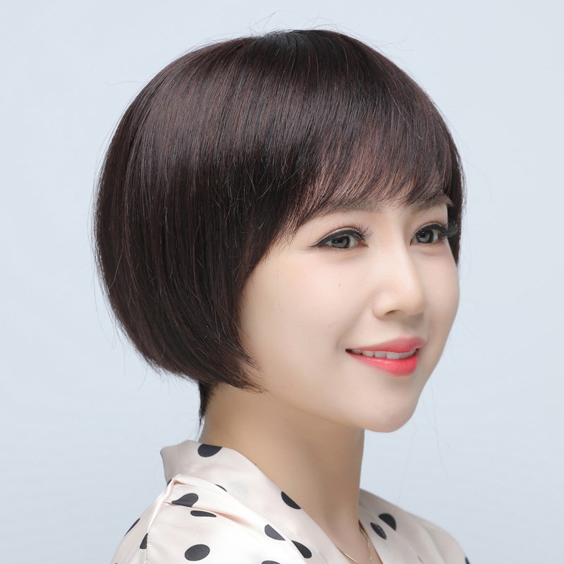 假发女士波波头全头套短直发真发套中老年妈妈款全真发斜刘海自然