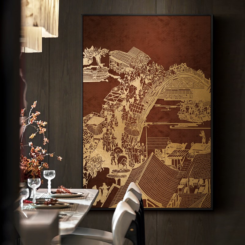 中式客厅浮雕肌理装饰画餐厅轻奢高级感立体挂画风景竖版背景壁画图片