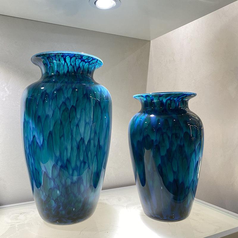 代轻奢玄孔雀蓝厚重玻璃间花瓶摆件客厅插花客厅关样板琉璃KPJ现