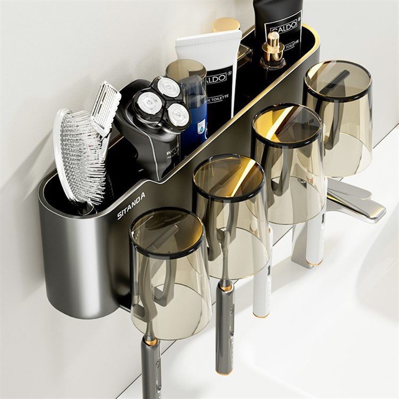 卫生间牙刷架置物架免打孔镜柜洗漱台壁挂漱口杯牙杯电动刷牙杯子