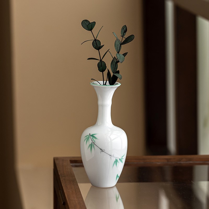 手绘绿竹小花瓶摆件客厅插花室内草木灰釉花器轻奢高级感创意装饰