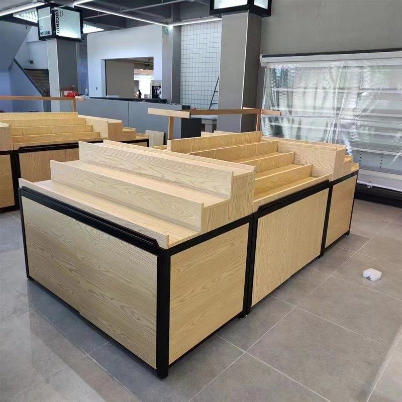 定制阶梯式水果摆放台钢木双面中岛展示架果蔬产品货架置物架多层