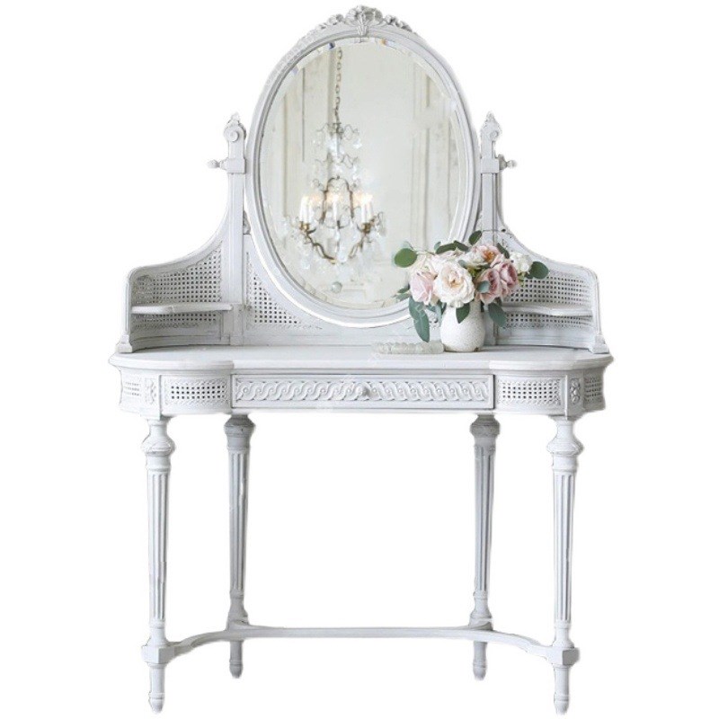 法式复古实木藤编化妆台雕花白色小型橡木梳妆桌罗马柱整装化妆柜