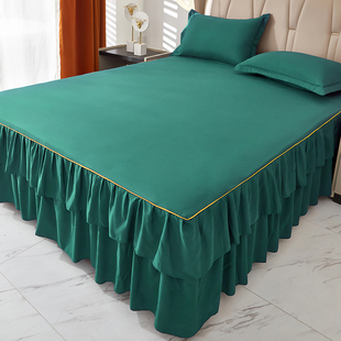 新款 通用 简约双边芦荟棉纯色床裙三件套防滑花边床单床裙床罩四季