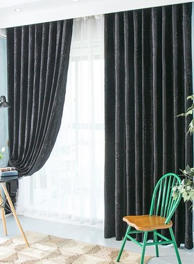 高档欧式奢豪华黑色意大利丝绒3D压花布料窗帘加厚卧室客厅别墅