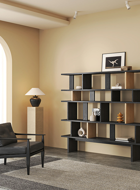 中古艺术书架一体靠墙实木展示架黑色玄关落地创意极简复古装饰架