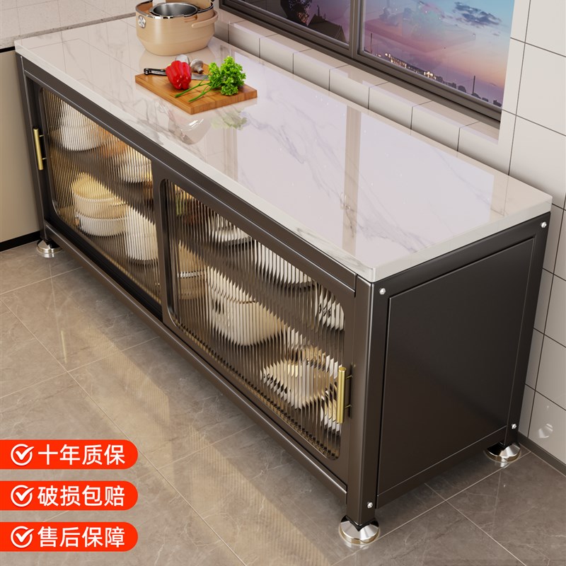 岩板厨房多功能置k物架家用微波炉落地多层橱柜餐边推拉门收纳储