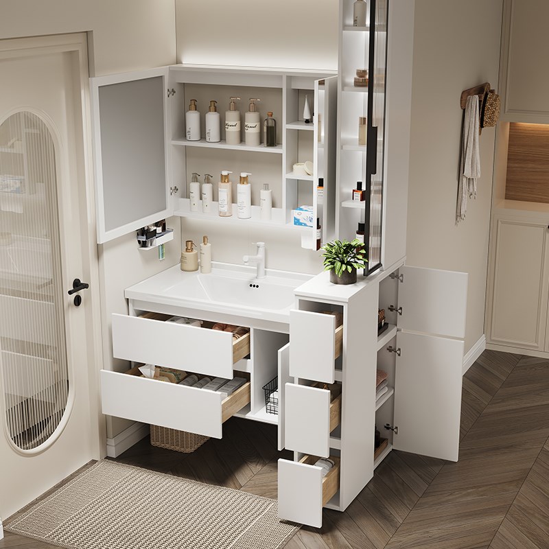 现代简约橡木浴室柜隔断边柜组合一D体陶瓷盆无缝盆洗手台盆柜定