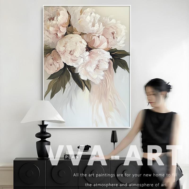 大芬村奶油风抽象花卉装饰画客厅玄关牡丹花开挂画白色纯手绘油画图片