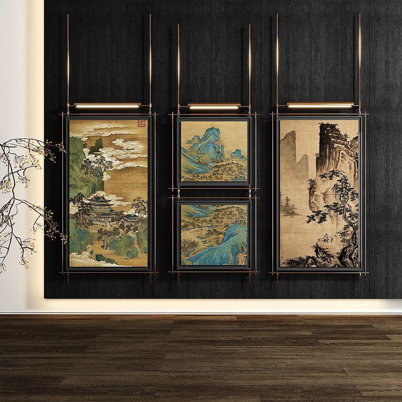 新中式金属杆装饰画带灯吊杆挂画定制画框壁饰高档酒店墙饰中古风