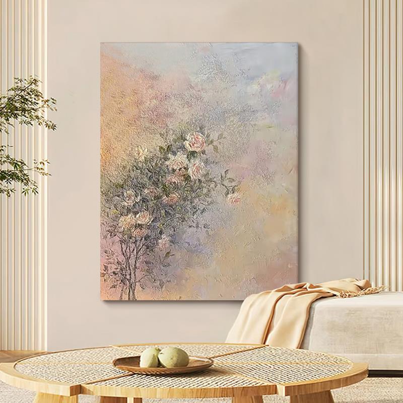 玫瑰花卉手绘油画侘寂风花朵莫兰迪装饰画客厅挂画玄关丙烯肌理画图片