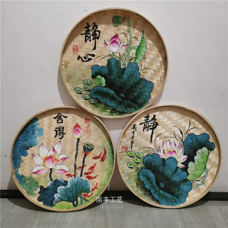 手绘簸箕画墙壁画竹编制品荷花鱼挂件农家乐田园创意装饰厂家直销图片