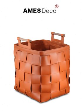 爱美仕家居软装搭配橙色家用高级感卧室皮革编织脏衣篮大号收纳筐
