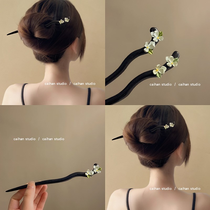 予你茉莉~黑檀木花朵簪子古风高级感气质盘发簪子现代简约发钗