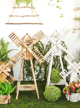 田园风格木质风车装饰摆件阳台花架店铺橱窗落地摆设幼儿园植物角