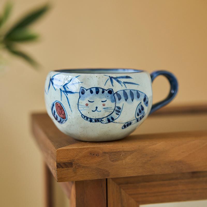 梵悦景德镇釉下彩覆古陶瓷青花手绘猫咪咖啡杯手捏陶艺早餐杯水杯