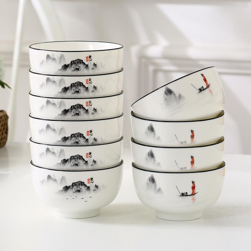 釉中彩 10个装 加厚防烫4.5/5/6英寸米饭碗家用 陶瓷吃饭碗新中式