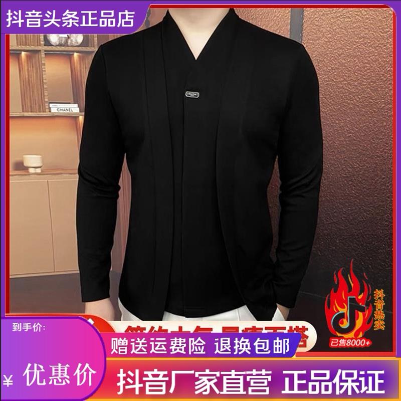 缘盈甄选26男士秋季新款轻奢V领假两件绅士上衣-FN假两件黑色卫衣