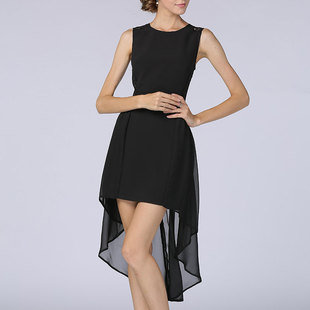 女装无袖背心前短后长a字连衣裙夏雪纺拼接蕾丝燕尾小黑裙宫廷风