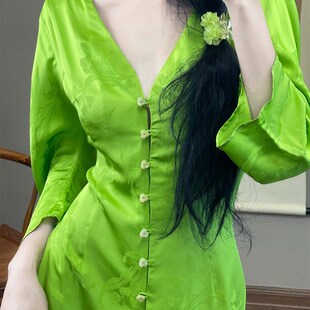 连衣裙法式 复古单排扣裙子收腰国风长裙夏 改良真丝提花长袖 新中式