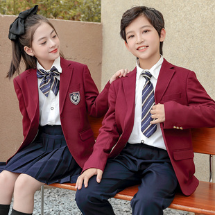 英伦学院风幼儿园中小学生裙班校服男童红色西装女礼服春秋外套装