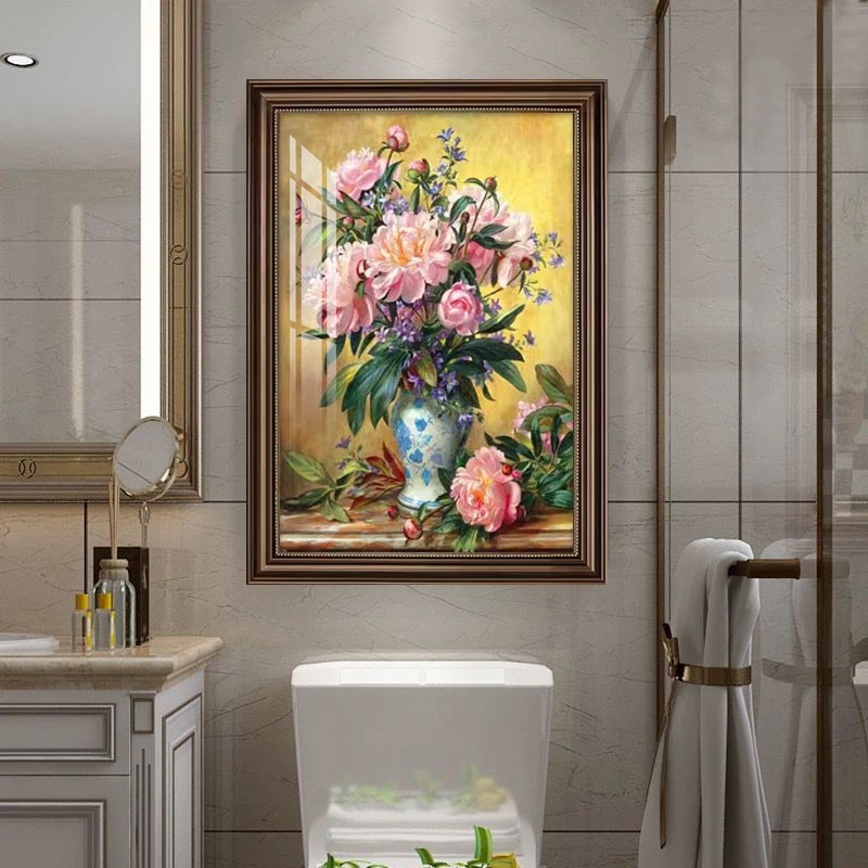 牡丹花装饰画美式挂画复古油画卫生间免钉挂画防水防潮壁画免打孔图片